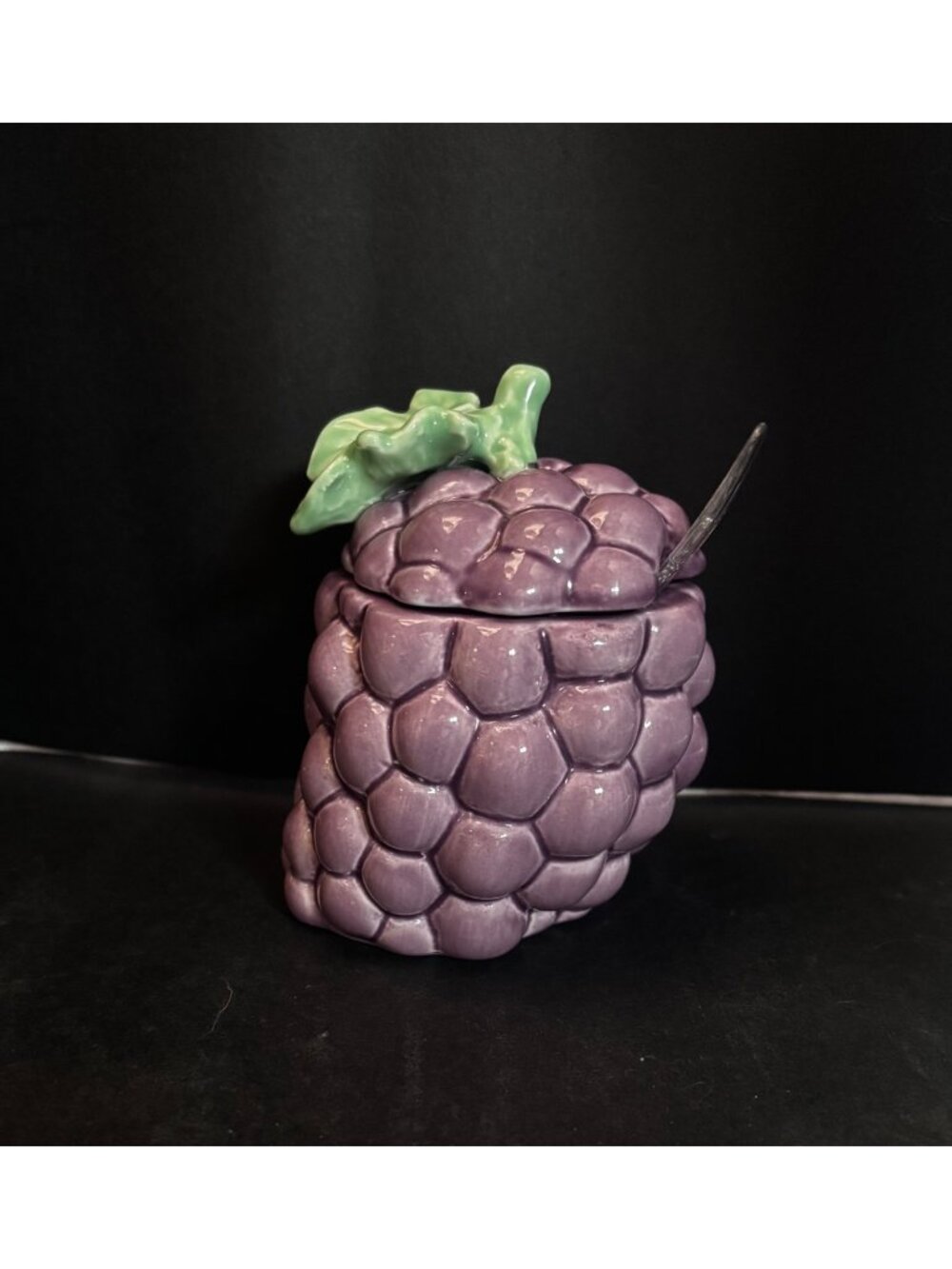 Ceramic Purple Grape Jam Sugar Jar With Lid Spoon Green Leaf Accent Vintage 80s
